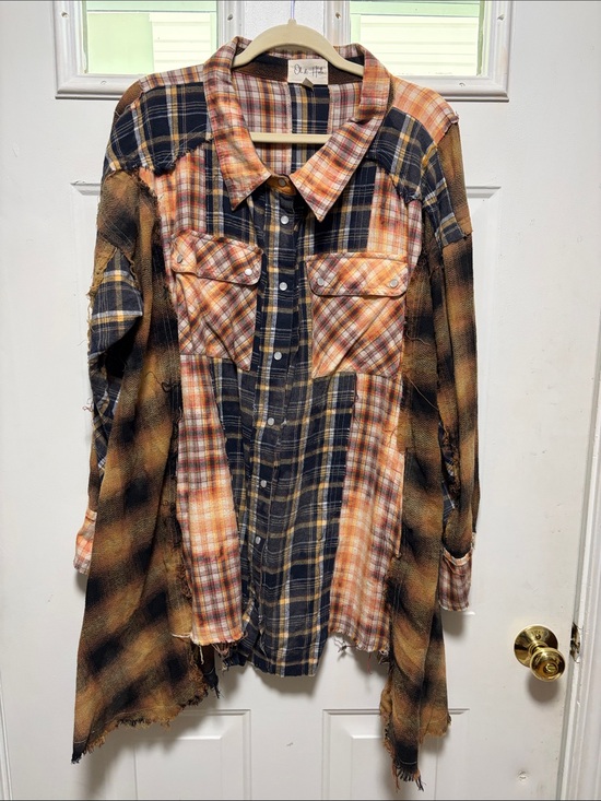 Oli & Hali Tops - Oli & Hali Orange and Black Distressed Plaid Snap-Down Shirt
